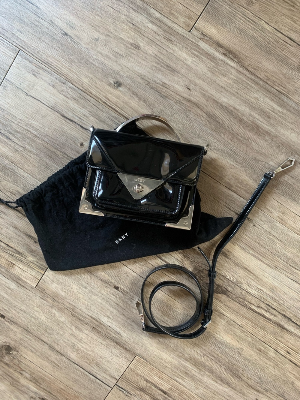 DKNY Black Patent Leather Mini Top-Handle Crossbody with Silver Hardware